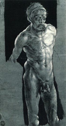 Self-portrait drawing of Durer, naked, truncated at thigh, looking at viewer