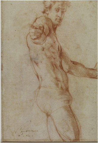 Pontormo self portrait wearing only underwear, pointing out to viewer. 